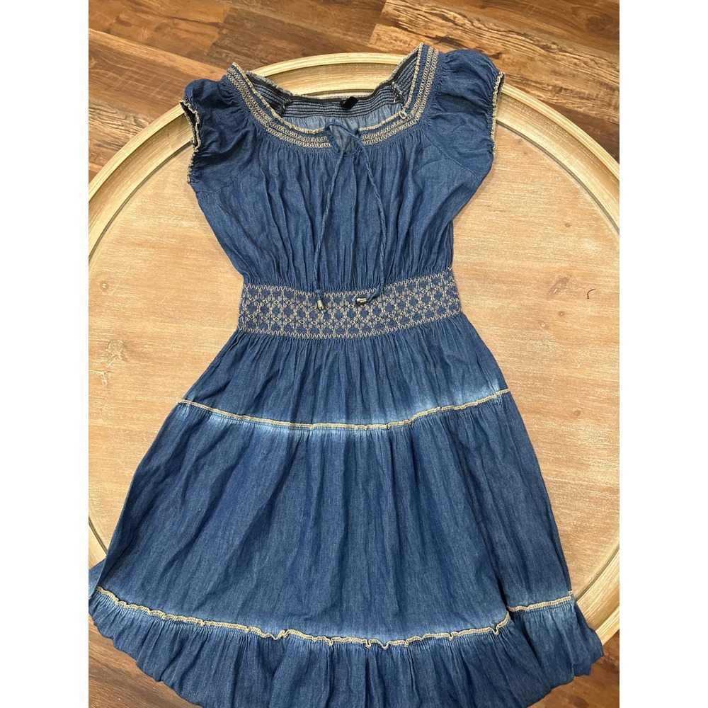 Lapis Denim Maxi Dress Womens Medium Blue Cotton Tiered Smocked Boho L203P